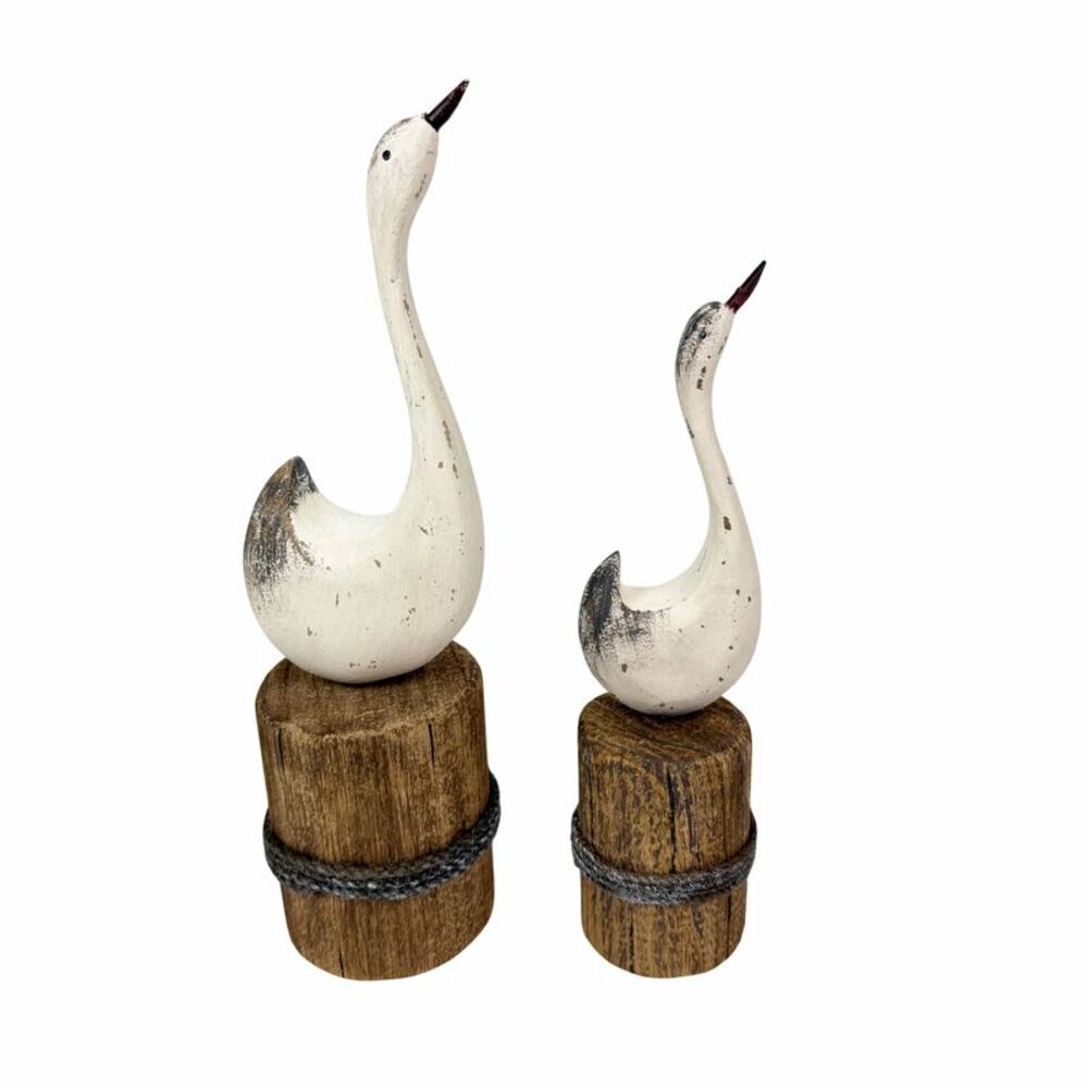 Distressed White Wood Swan Statues Set of 2 Nautical Dock Piling Shelf Decor